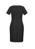 A black short sleeve shift dress with a fitted design and back zip closure. It features a split at the hem.