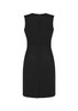 A black sleeveless dress featuring a V-neck design and a back zipper. The dress has a fitted silhouette and a slit at the back.