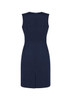 A navy sleeveless V-neck dress featuring a fitted silhouette and a back zip closure.