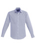 A light blue button-up shirt with long sleeves and a collar, featuring a logo on the chest.
