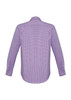 A long sleeve, button-up shirt in a purple checkered pattern. The back view features a subtle logo.