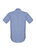 A short sleeve button-up shirt in blue with a checkered pattern, featuring a rear view design.