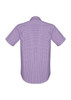 A short-sleeve men's button-up shirt in purple with a checkered pattern and a logo on the back.