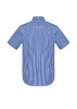A short-sleeve button-up shirt in blue and white gingham check pattern, featuring a collar and back yoke with a brand logo.