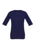 A navy women's T-shirt with short sleeves and a fitted design, featuring a branding logo.