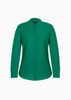 A green long sleeve blouse with a button-up front and a collar. The blouse features a logo on the tag.