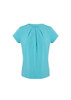 A light blue short sleeve top with pleat detailing and a round neckline. It features a logo on the design.