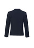 A women's black short jacket with a reverse lapel and long sleeves, featuring a buttons detail on the sleeves.