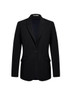 A black longline blazer with a single button and two front pockets. The jacket has a modern, tailored style.