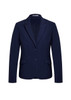 A navy mid-length women's jacket with a notched lapel and two-button closure, featuring two side pockets and a branding logo.