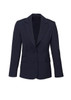 A navy women's comfort wool stretch longline jacket with a classic lapel and two front pockets.