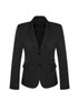 A women's mid-length black blazer featuring a two-button closure and side pockets. The jacket has a fitted silhouette.