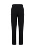 A pair of black slim fit flat front pant with back pockets, showcasing a tailored design.