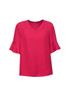 A bright pink blouse with fluted sleeves and a V-neck design. The garment has a simple, elegant silhouette.