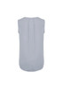 A pale blue sleeveless blouse with pleat detail at the back and a rounded hemline. It has a branding logo.