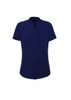 A navy blue short sleeve blouse with a relaxed fit and a pointed collar, featuring a logo on the label.