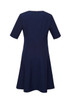 A navy blue women's dress with an extended short sleeve and a flared skirt, featuring a back zipper and a logo.