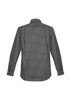 A long sleeve button-up shirt in a black and white check pattern, featuring a collar and logo.