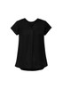 A women's black v-neck pleat blouse with short sleeves and a flowing design, featuring a subtle brand logo.