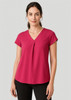 A women's V-neck pleat blouse in vibrant pink, featuring short sleeves and a relaxed fit.