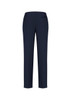 Navy women's slim leg pants with a smooth finish and a single back pocket. Features a bandless design.