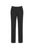 A pair of black slim leg pants with a bandless waist and front pockets, featuring a logo.