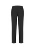 A pair of black slim leg pants with a bandless design and a back pocket, featuring a simple, elegant style.