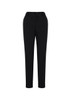 A pair of black women's slacks with a bandless elastic waist and side pockets, featuring a logo.