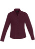 A burgundy long sleeve button-up shirt for women, featuring a classic collar and button closure. It has a logo.