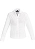 A women's long sleeve button-up shirt in white, featuring a fitted design and a collar, with a logo on the tag.