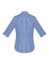 A blue and white checkered women's button-up shirt featuring 3/4 sleeves and a back yoke with a logo.