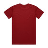 A red T-shirt with a plain back and short sleeves, featuring a logo on the label area.