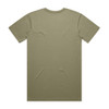 A plain olive green t-shirt with short sleeves and a round neckline, featuring a logo on the back.