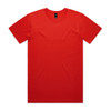 A red T-shirt with short sleeves, featuring a logo at the neck.