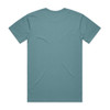 A teal t-shirt featuring a plain back design and a logo on the label.