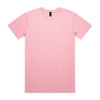 A pink T-shirt with a crew neckline and short sleeves, featuring a logo on the label.