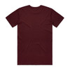 A maroon T-shirt with a plain back and a logo on the neck area. Ideal for casual wear.