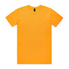 An orange t-shirt featuring short sleeves and a round neck, with a logo on the label.