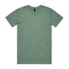 A green staple tee with a crew neck and short sleeves, featuring a simple design and a logo label.