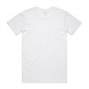 A plain white T-shirt with a round neckline and short sleeves, featuring a logo on the back.