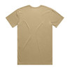 A plain beige T-shirt with a crew neck and short sleeves, featuring a logo on the back.
