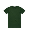 A green T-shirt with a round neckline and short sleeves, featuring a label and no visible designs.
