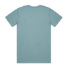 A faded teal t-shirt displayed from the back, featuring a simple design and a small logo. A faded teal t-shirt displayed from the back, featuring a simple design and a small logo.