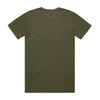 A plain olive green T-shirt with a crew neck and short sleeves, featuring a logo on the back. A plain olive green T-shirt with a crew neck and short sleeves, featuring a logo on the back.