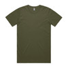 An olive green T-shirt with a classic round neck and short sleeves, featuring a logo on the side. An olive green T-shirt with a classic round neck and short sleeves, featuring a logo on the side.