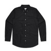 A black Oxford shirt with long sleeves, a button-down collar, and a chest pocket. It features a logo on the fabric.