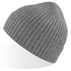 A grey ribbed beanie with a rounded top and a textured finish. It features a logo on the side.