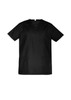 A black unisex scrub top with a V-neck, short sleeves, and pockets. It features a logo on the fabric.