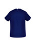 A navy blue unisex scrub top, featuring a simple design with short sleeves and a straight neckline. It has a logo.
