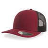A maroon trucker cap with a black mesh back and a curved brim, featuring a logo on the side. A maroon trucker cap with a black mesh back and a curved brim, featuring a logo on the side.